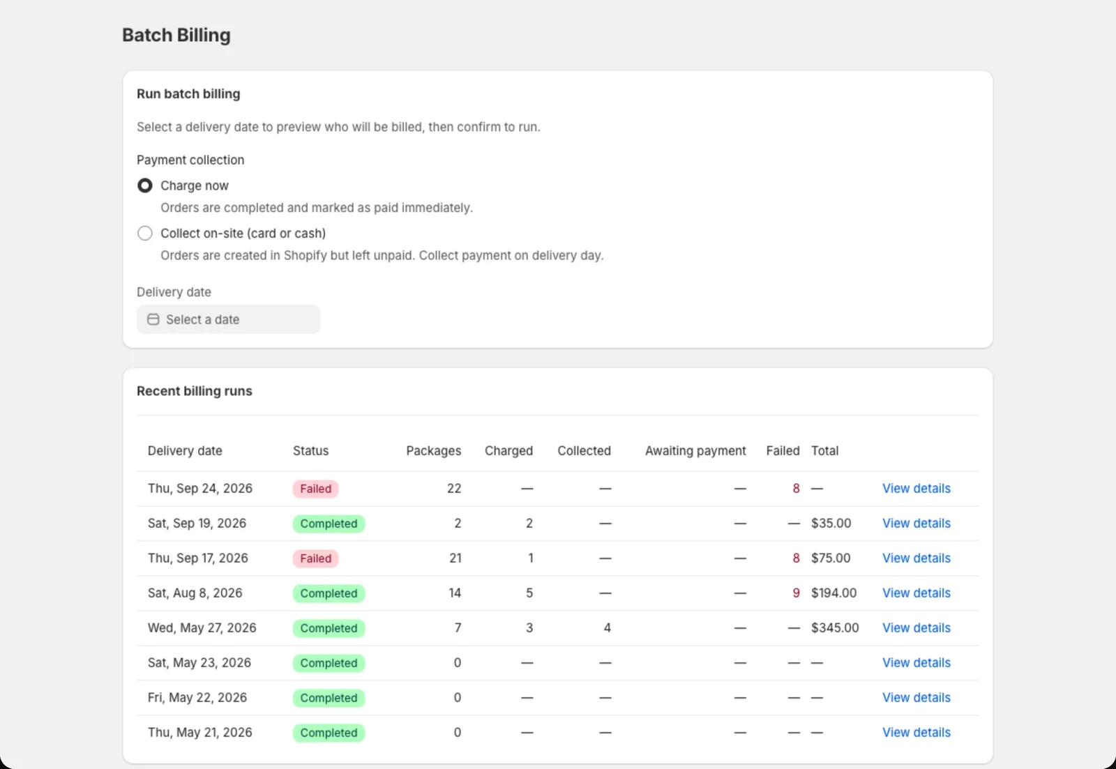 The Billing page with a delivery date preview