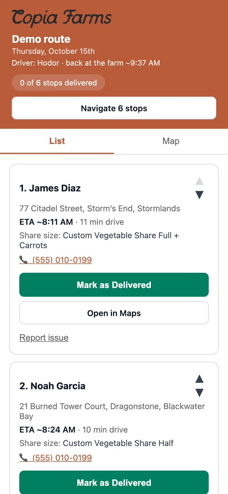 The driver's route page on a phone