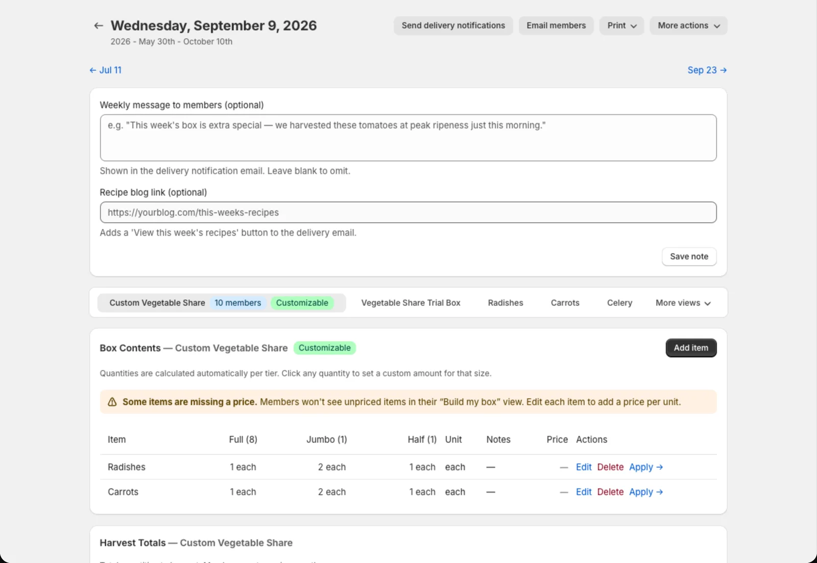 Planning a single delivery date: items, quantities by size, and harvest totals