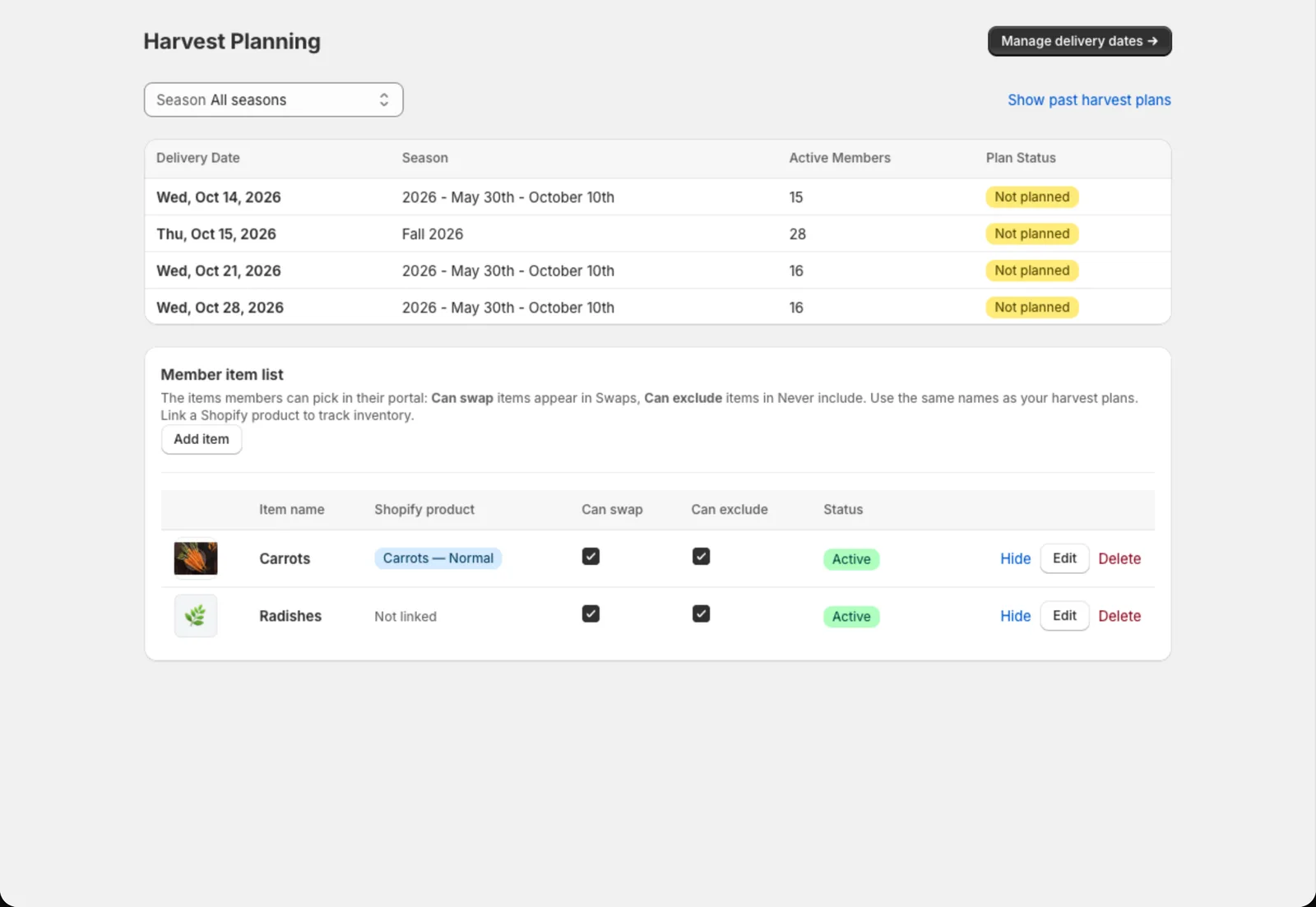 Harvest Planning showing upcoming delivery dates