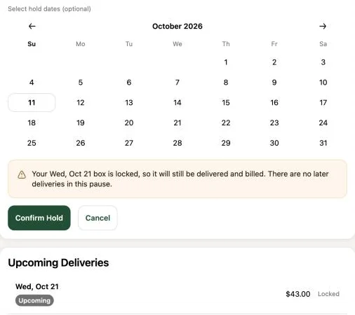 The member portal warning that a locked box will still go out before a pause