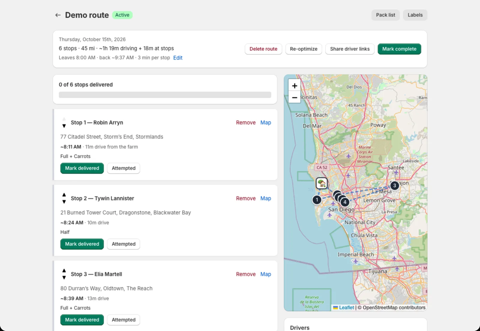 A delivery route with a map, numbered stops and driver assignments