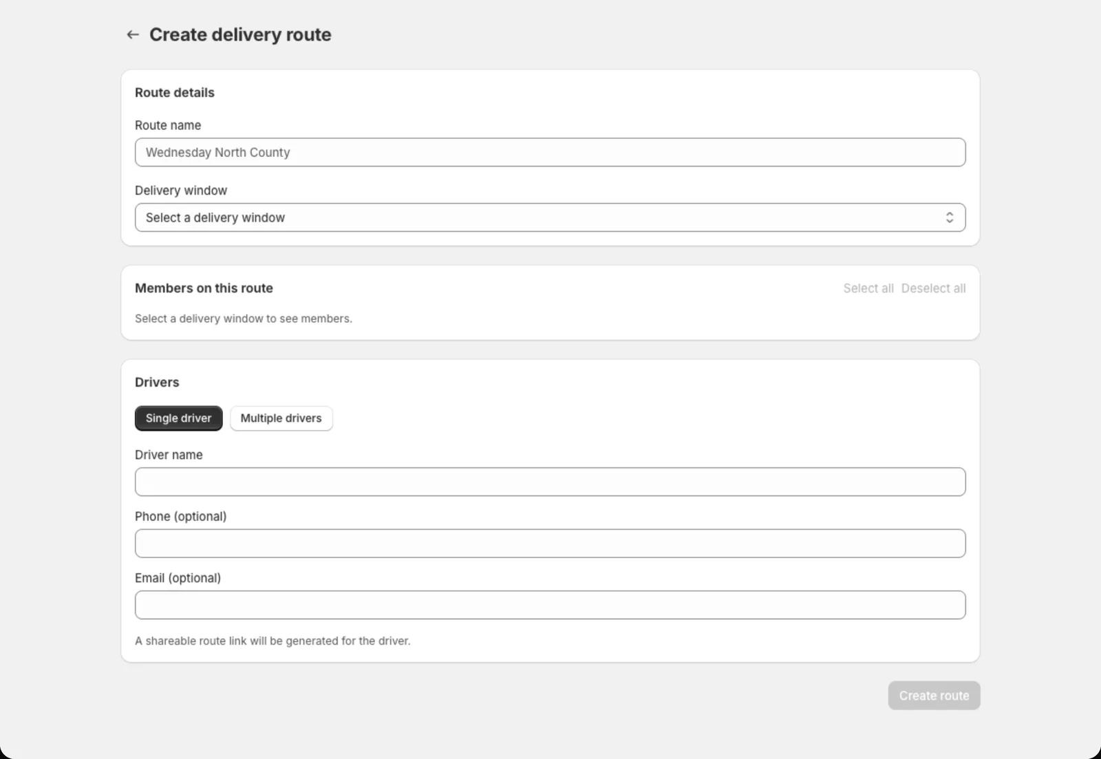 Creating a delivery route: pick the date, members and drivers