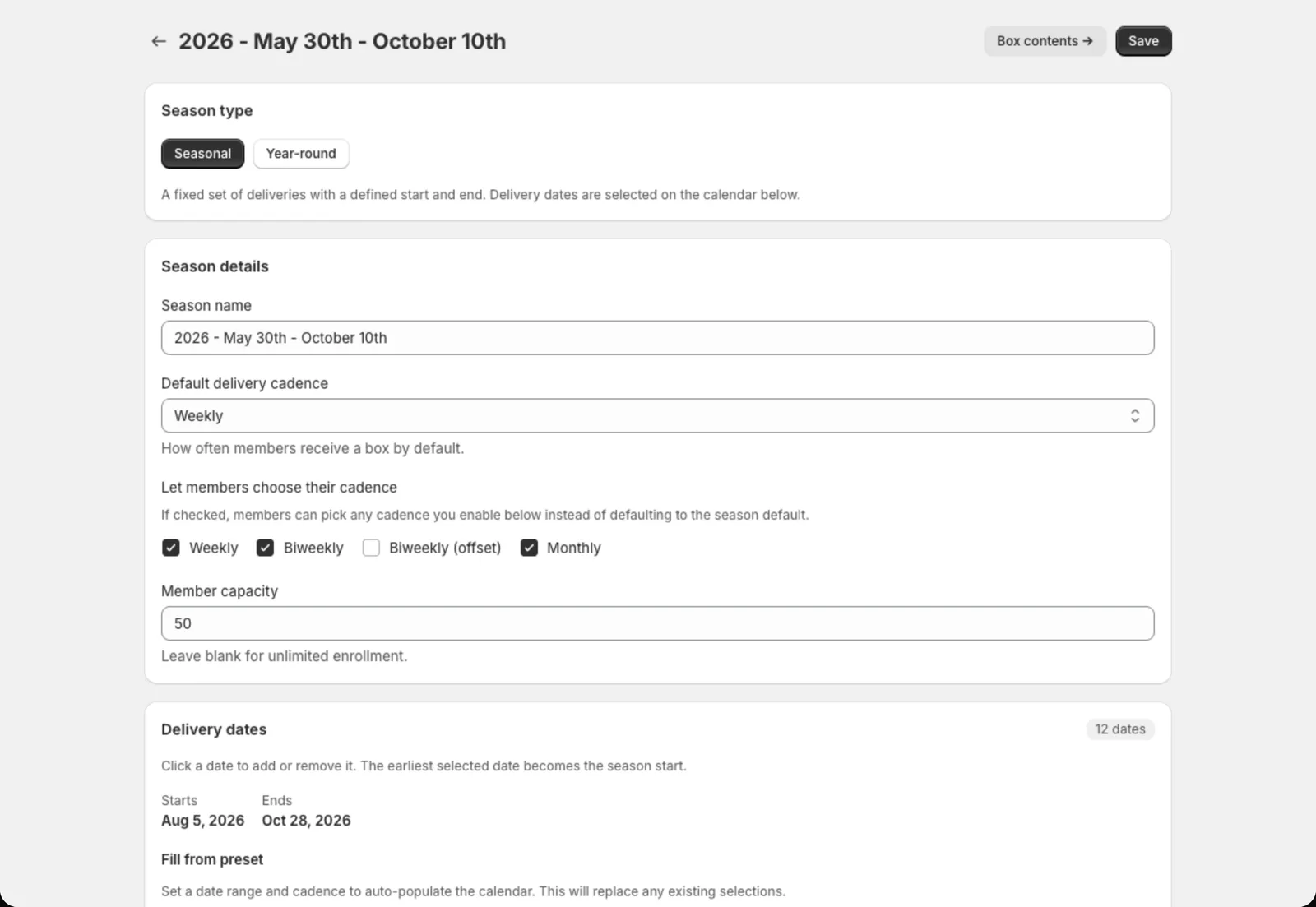 The season settings page with the delivery date calendar