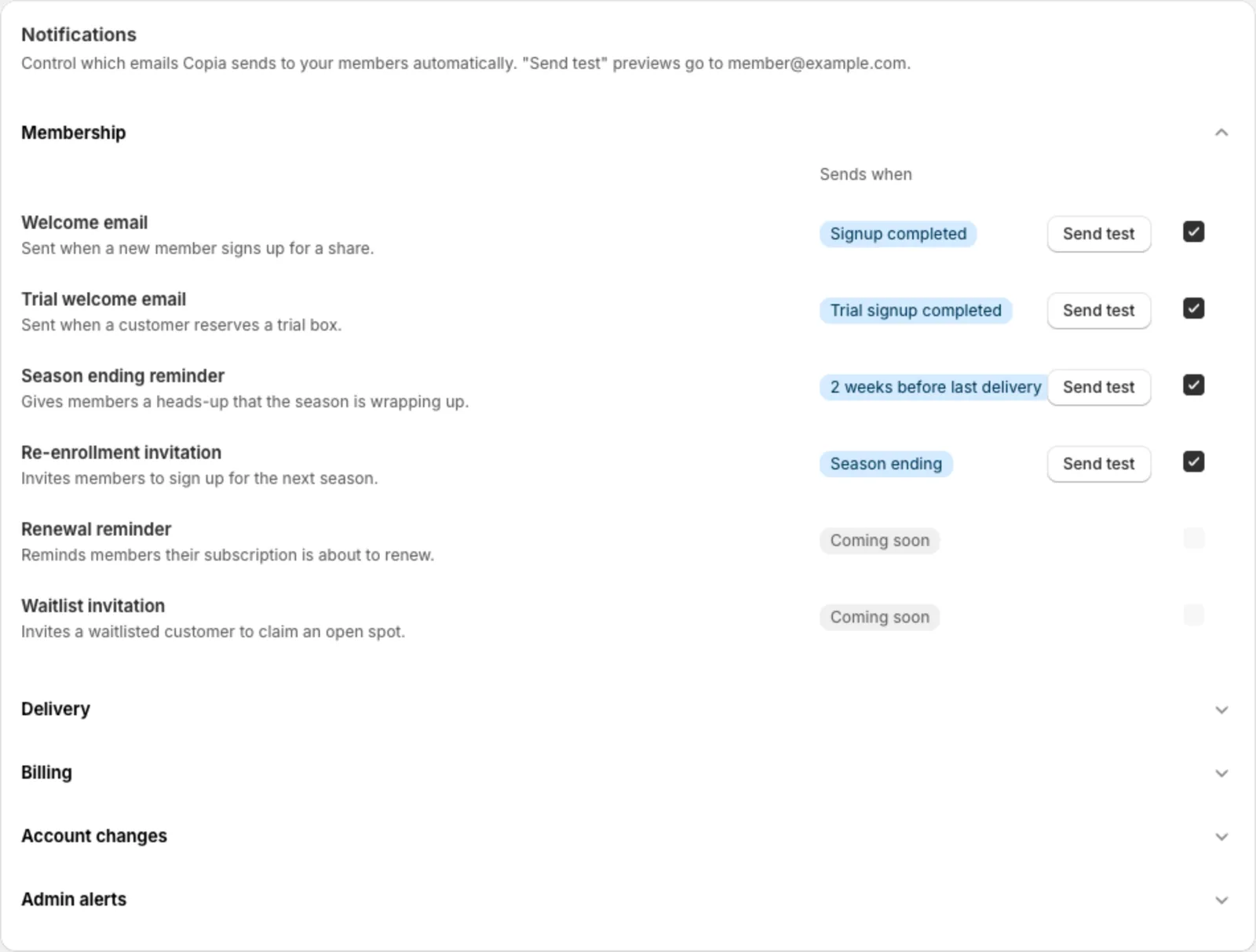 Notification settings with on/off switches for each email