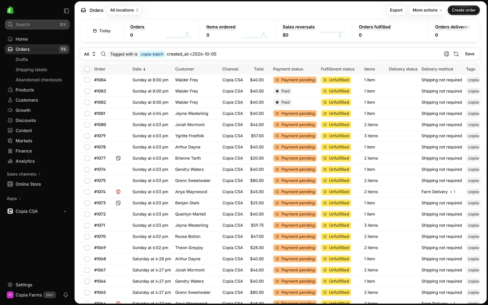 Shopify's Orders page filtered to Copia's billing orders