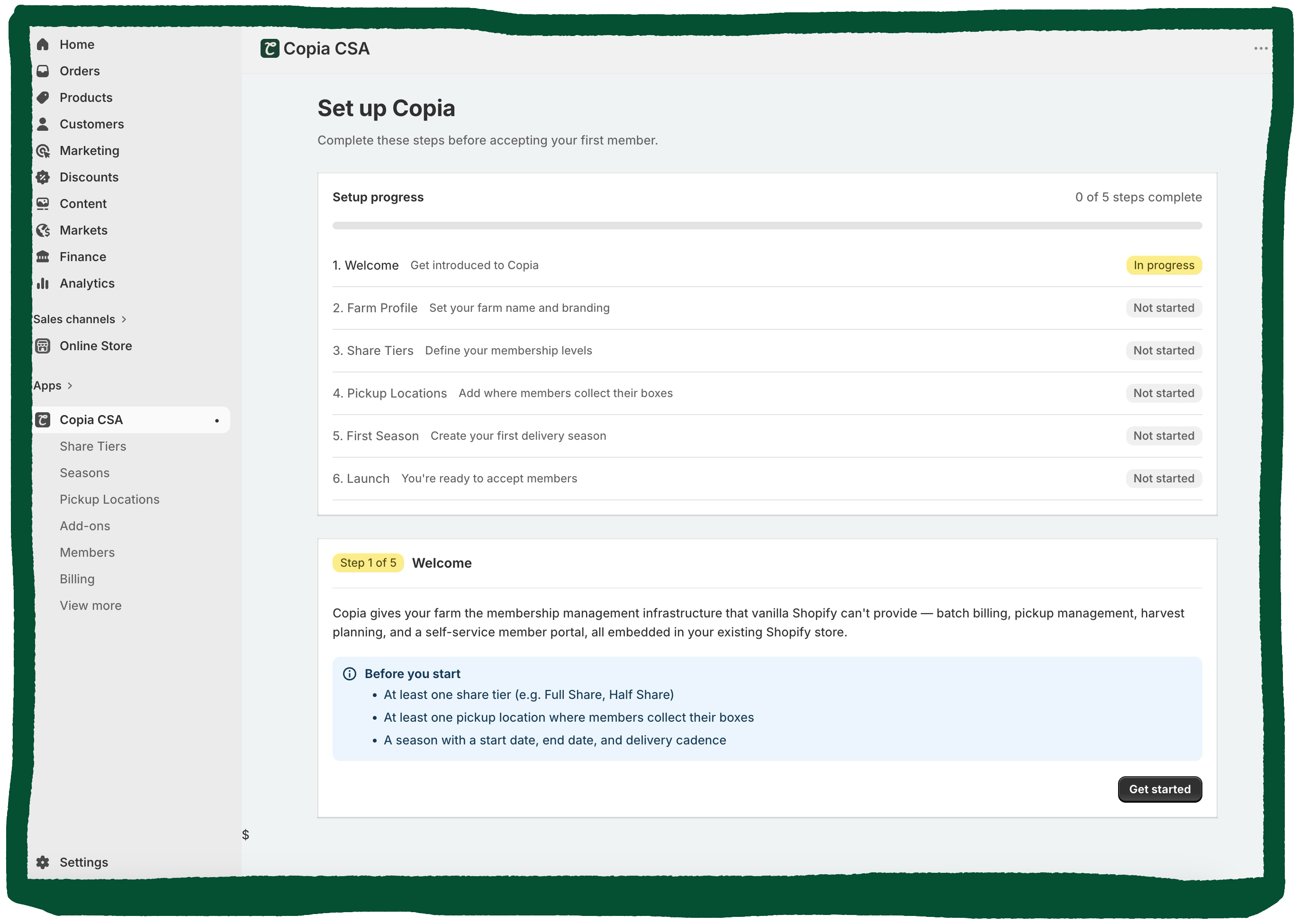 Copia admin setup screen showing member onboarding flow into Shopify
